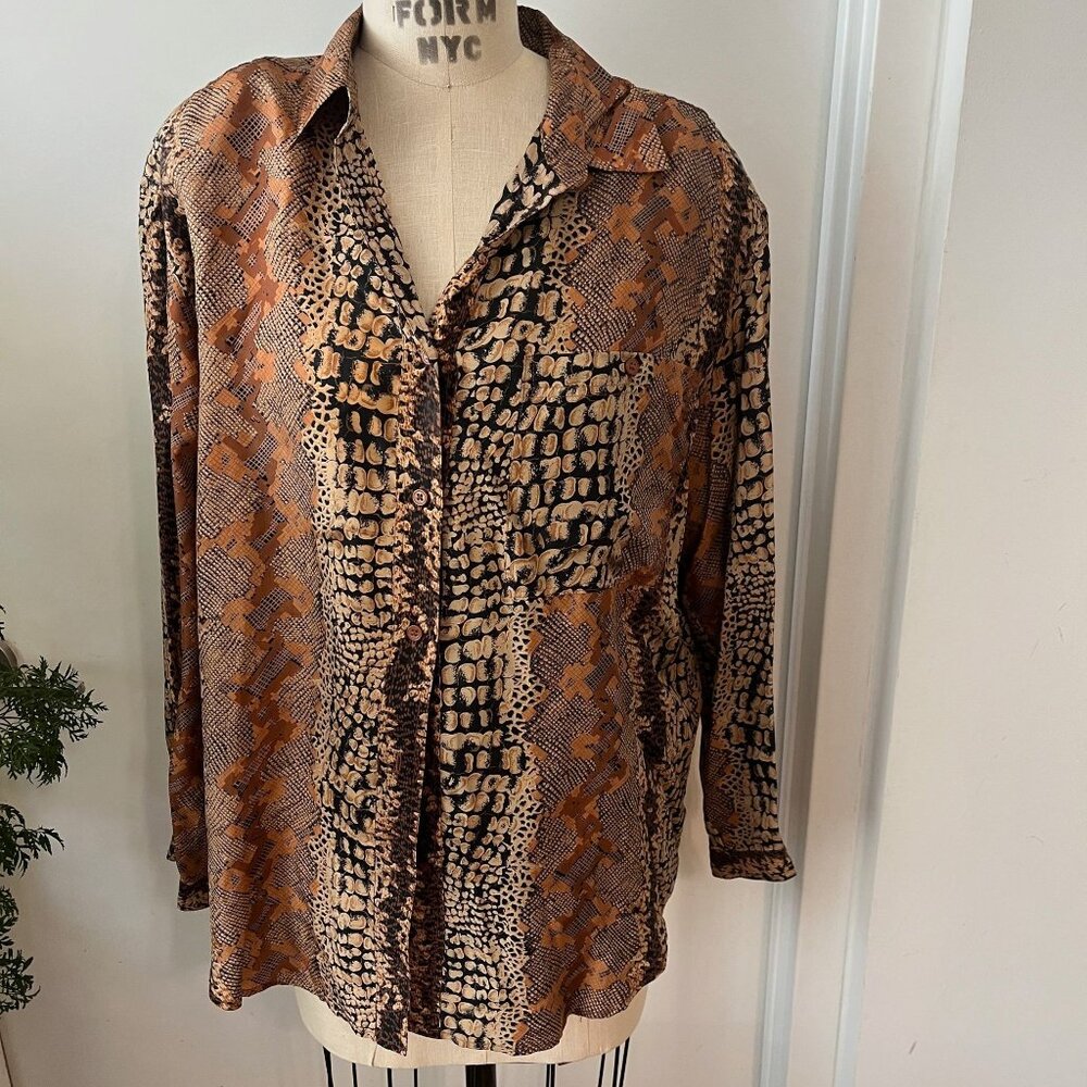 K. ARNOLD Vintage Silk Animal Print Blouse Size Large